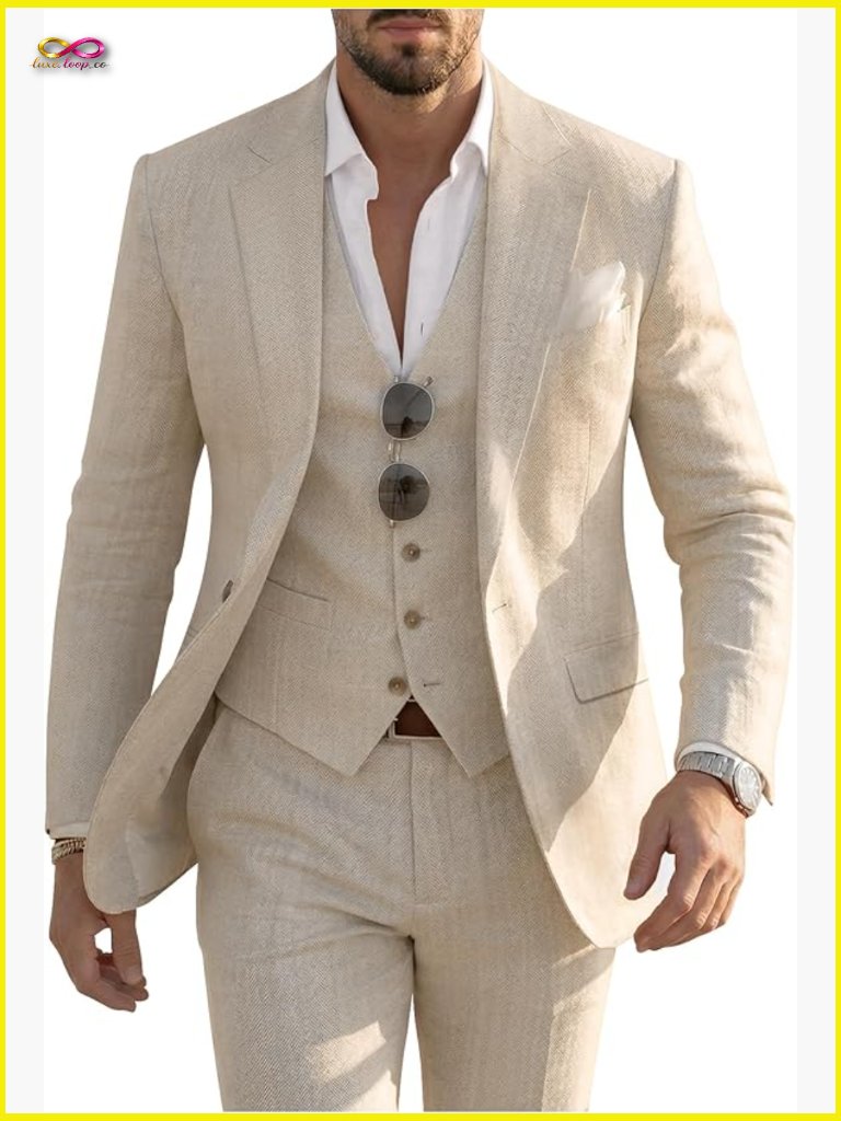 Linen Suit 3 Piece Slim Fit Retro Casual Wedding Prom Blazer Vest Pants